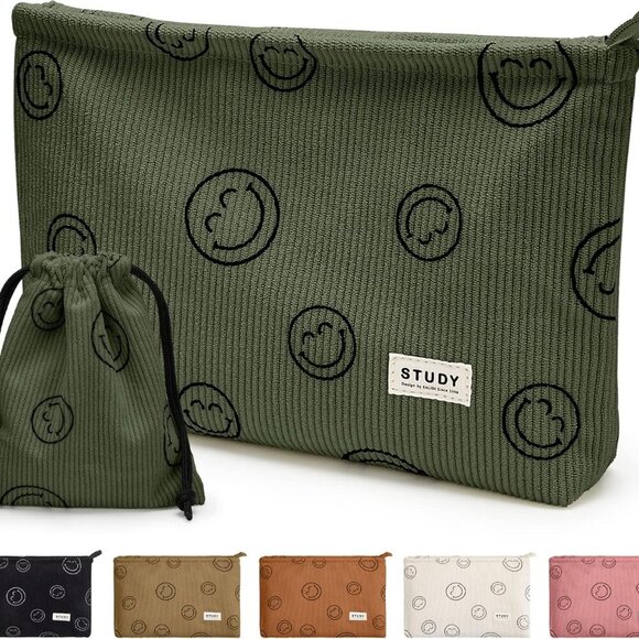 WLLWOO Makeup Bag-2pcs Smile Face Corduroy Cosmetic Bag Zipper Interior Waterpro - Picture 1 of 9